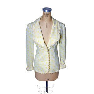 1970s blazer yellow leaf fabric with crocheted floral trim